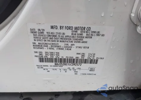 2020 Ford Ecosport Titanium z USA, uszkodzony, nr VIN MAJ3S2KE1LC392572